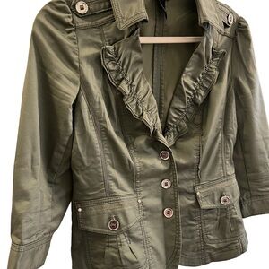 White House Black Market Olive Green Ruffle Jacket Size 8 Utility Style